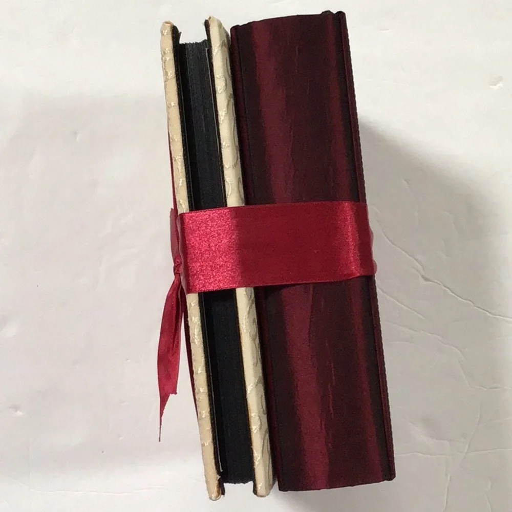 Ivory‎ White Embroidered Brocade Burgandy Red Satin Ribbon Photo Albums Set of 2